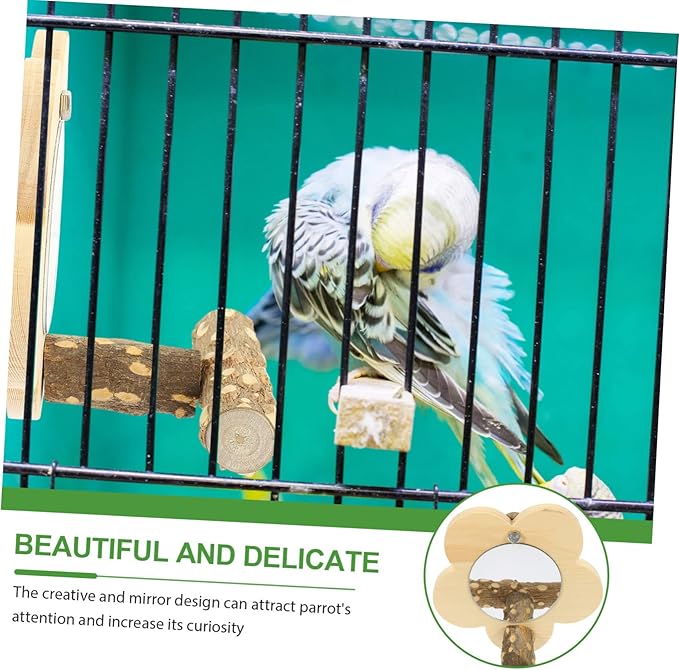 Mipcase 2pcs Wooden Parrot Perch with Mirror Decorative Bird Stand for Parrots Pets and Bird Cages for Training and Playtime Activities