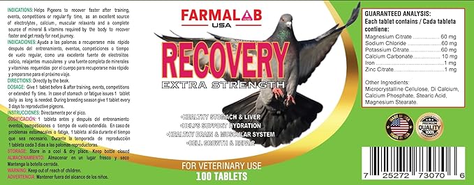 Farmalab Recovery Extra Strength Pigeon Supplement, 100 Tablets, Electrolytes & Vitamins for Training & Competition