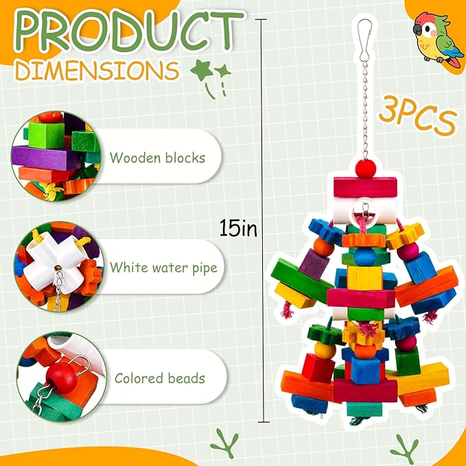 Seenelling 3 Pcs Large Parrot Toys Colorful Chewing Toy with Natural Wood Blocks for African Greys, Cockatoos, Parrots, Macaws, Medium Birds Cage Toy Accessories