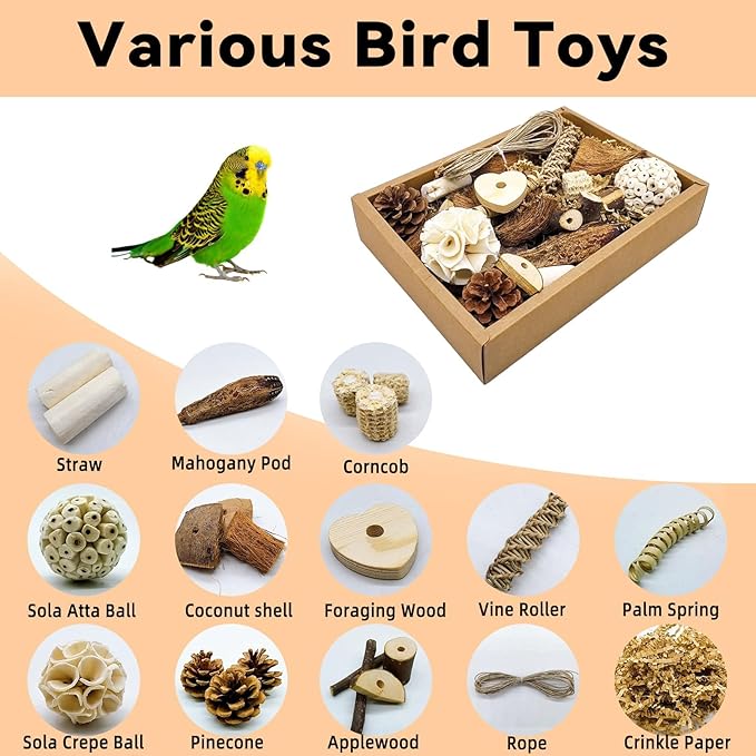 Bird Foraging Toys Parrot Chew Shredding Toys Bird Foraging Box for Parakeets Cockatiels Conures Lovebirds and Small to Medium Birds(Natural)
