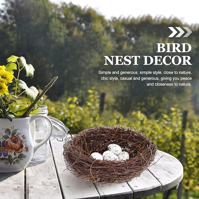 Toddmomy Artificial Bird Nest with Eggs for Easter Decor, 15cm Hand-Woven Rattan Birds Nests for Crafts, Natural Looking Faux Birdhouse Figurine for Outdoor Garden Party Tabletop Ornament