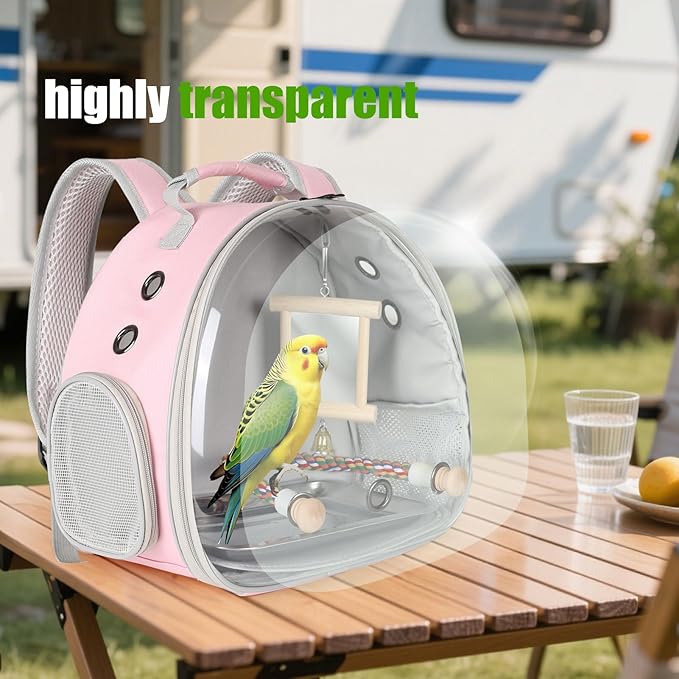 Portable Parrot Travel Cage Carrier with Mirror Standing Toy Set Small Bird Parakeet Bag with Standing Perch Bird Carry Transport Bag (Pink, Backpack/Mirror)