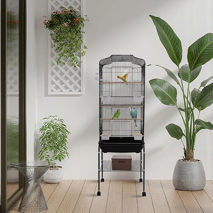 Large Bird Cage with Rolling Stand, Parrot Cage for Parakeets Cockatiels Conures, Heavy Duty Metal Birdcage with Wheels, Removable Tray & Storage Shelf for Indoor Use (Black)