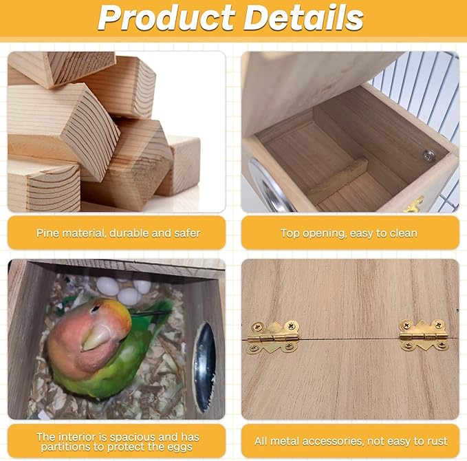 PINVNBY Parakeet Nesting Box Bird House for Cage Wood Mating Box Bird Breeding Box for Lovebirds, Cockatoo, Budgie, Finch, Canary Small and Medium Sized Birds (M:7.9 * 4.7 * 4.7 inch)