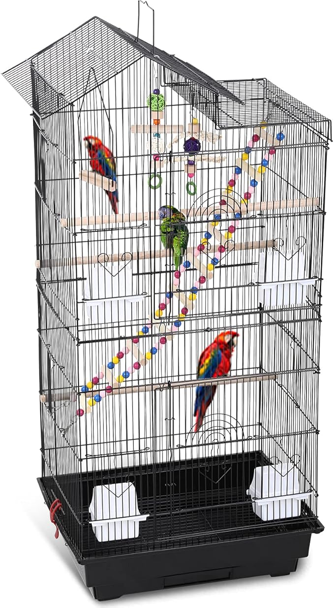 HCY 39 Inches Bird Cage Roof Top Large Flight Parrot Bird Cage with Toys for Medium Small Birds,Lovebirds,Finch,Cockatiel Parakeets,Parrot, Iron Bird Cage