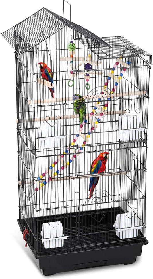 HCY 39 Inches Bird Cage Roof Top Large Flight Parrot Bird Cage with Toys for Medium Small Birds,Lovebirds,Finch,Cockatiel Parakeets,Parrot, Iron Bird Cage