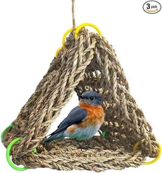 Tfwadmx Bird Seagrass Hammock Tent, 3Pcs 7x7in Seagrass Mat for Birds, Hanging Parrot Toys, Counre House Hut Hideout for Parakeets, Lovebirds, Budgies, Cockatiels