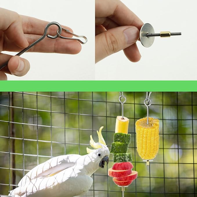 2pcs Bird Cage Food Holder with Hook Parrot Fruit Skewers Stainless Steel Birds Treats Skewer Foraging Toys for Macaw Parakeet Parrot Budgie