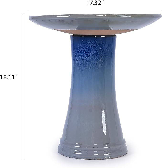 Ceramic Bird Bath for Outdoors, 18" H Weather-Resistant Birdbath for Garden Bird Watching, Pedestal Glazed Birdbaths, Ombre Blue