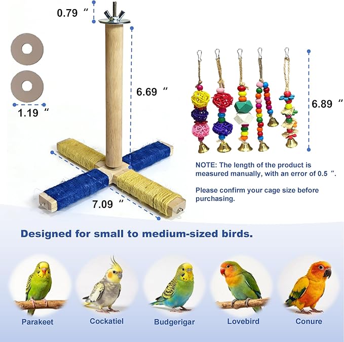 360° Rotating Bird Perch Stand - 4 Perches + 5 Colorful Chew Strand, Natural Bird Cage Accessories, for Small & Medium Birds Parakeets Cockatiels Lovebirds Budgies