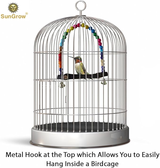 SunGrow Colorful Finch Swing Toy with Bells, Wooden Perch Stand for Canary, Lovebird & Budgie, 8.5x6 Inches, Sturdy Rocking Gym, Small Bird Cage Accessories to Balance, Exercise & Training