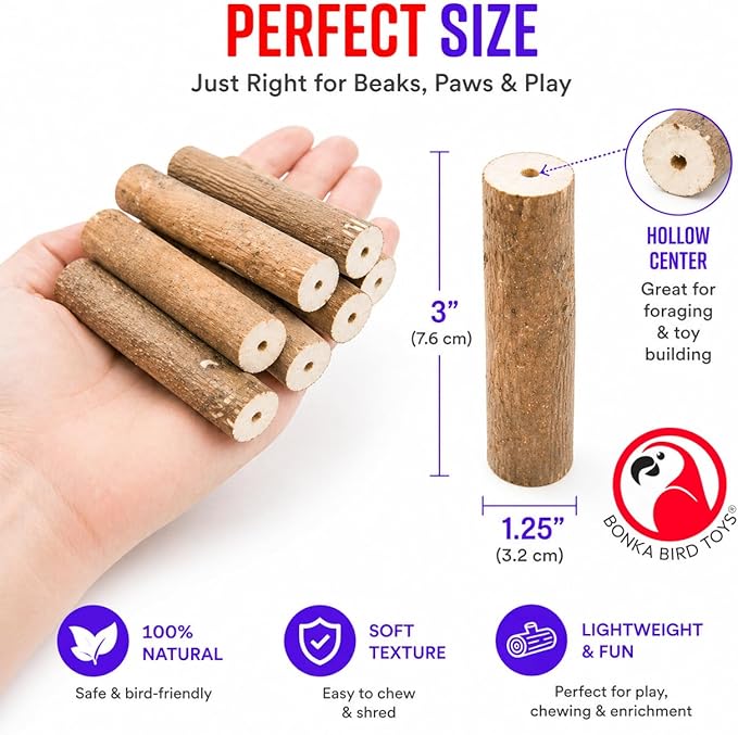 Bonka Bird Toys 1211 Pk6 Natural Bark Sola Sticks, 6-Pack, 3" Long, 1.25" Diameter, Soft Chew and Foraging Toy for Birds, Parrots, Parakeets, Cockatiels, Lightweight, Natural, Safe, Eco-Friendly