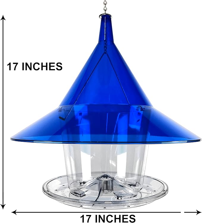 Sky Cafe - Squirrel Proof Bird Feeder for Outside - Large, 17 in. Diameter, 1.5 Gallon Birdseed Capacity - Made in USA (Sapphire Blue) - Free Squirrel Mug