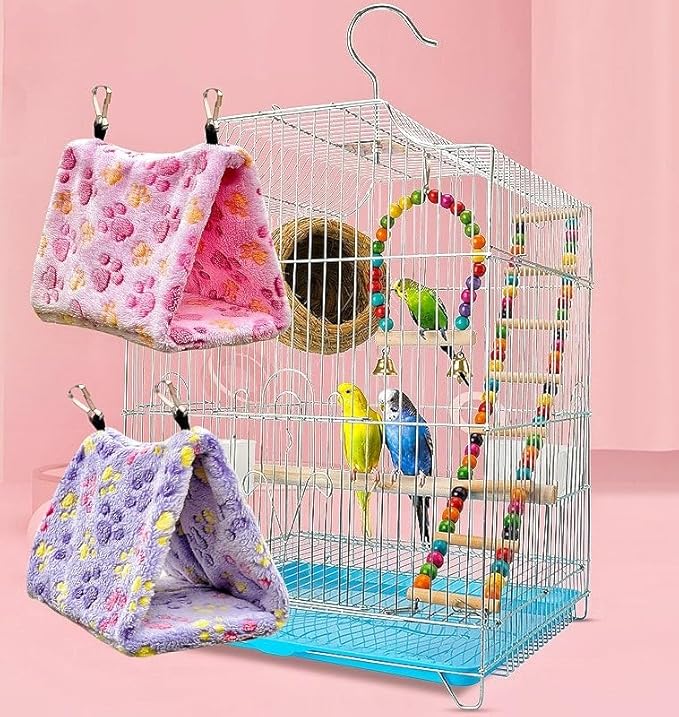 2 Pack Bird Nest Plush Snuggle Bird Hammock Hanging Bird Cave Parrot Sleeping Bed Shed Hut Hanging Tent for Budgies Finch Parakeet Cockatiel Cockatoo Lovebird-Foot Pattern (Pink&Purple)