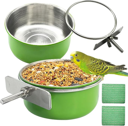 Kathson 2Pcs Stainless Steel Bird Bowls, Parakeet Food Dish Parrot Cage Feeder with Clamp Holder Small Bird Feeding Cup Pet Bird Feeder for Parakeet Cockatiels Conure Budgies Chinchilla Small Animal
