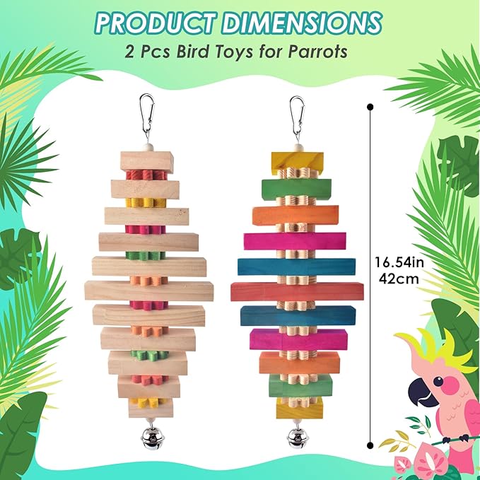DBNESS 16.54in Extra Large Bird Toys for Parrot, 2 Pcs Colorful Natural Wood Block Chew Tearing Toy with Bell for Macaws, African Greys, Amazon Parrots, Eclectus, Cockatoo