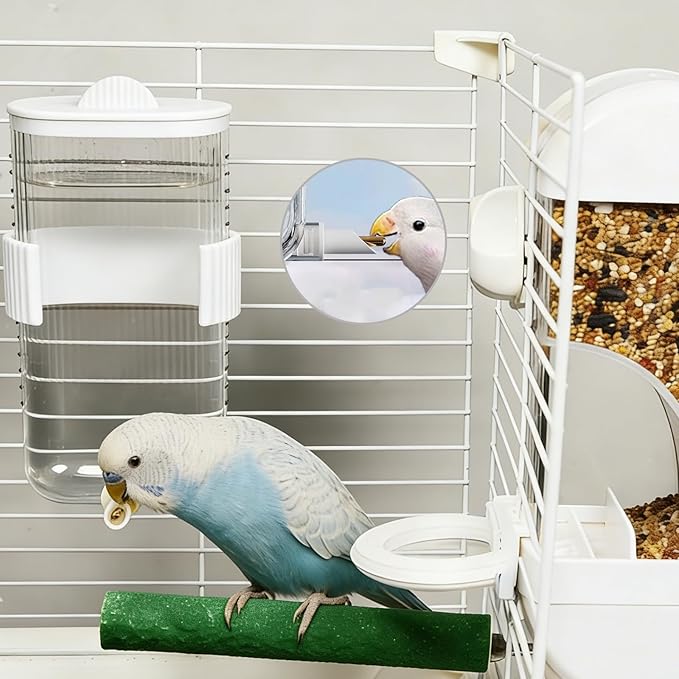 Automatic Bird Feeder Waterer Kit Bird Cage Hanging Waterer Parakeet Leak-Proof Feeder Parrot Vegetable Clips Cage Accessories for Budgies Lovebirds Finches Canaries Parrotlets Conures (White)