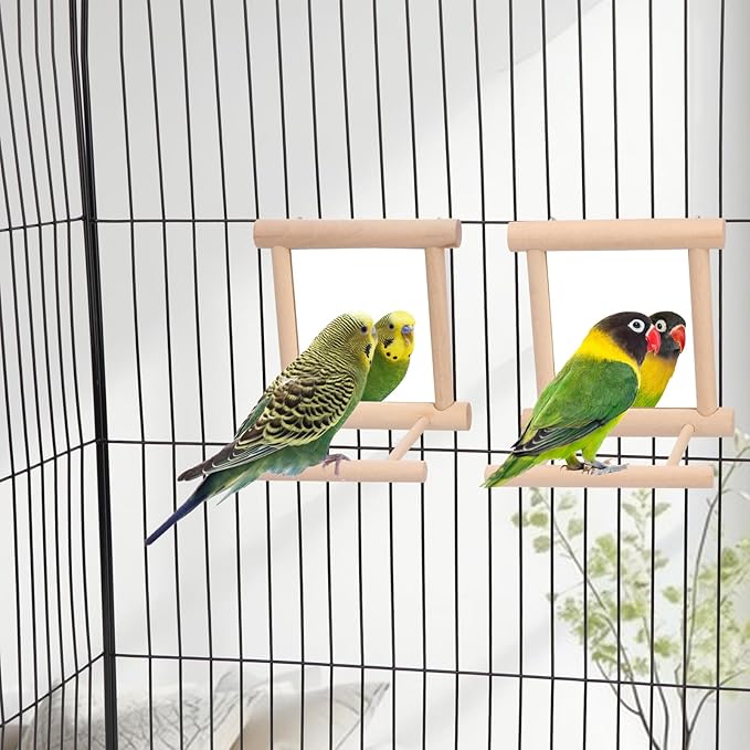 Wontee Bird Mirror Bird Toys for Budgies Parakeets Cockatiels Lovebirds Conures (2pcs-Wood Color)