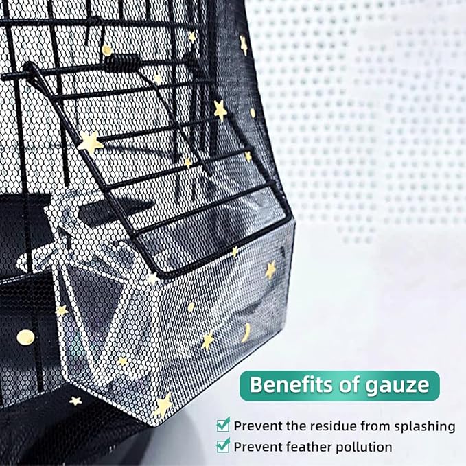 Bird Cage Seed Catcher, Seed Catcher Guard Net Cover, Parrot Nylon Mesh Net Cover, Universal Soft Airy Cage Net Stretchy Skirt for Round Square Cages (Star-Black, 15.7" x87")