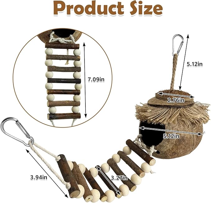 PINVNBY Hanging Coconut Bird Nest Hut with Ladder, Natural Coconut Hide Lovebird House Fruit Wood Bird Swing for Parakeet Cockatiel Budgie Conure Canary Finch Budgies