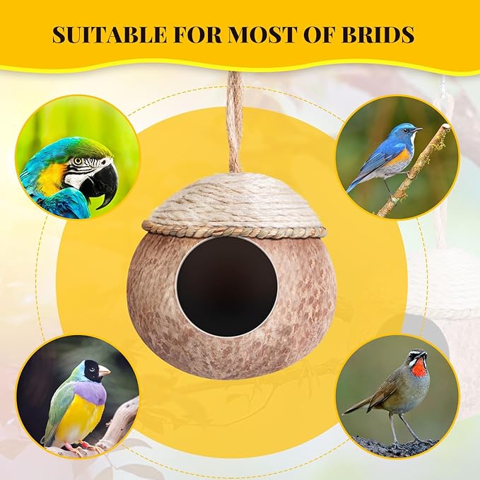 Suzile 3 Pcs Natural Coconut Bird Nest for Cage Hanging Birds House Parakeet Hide Breeding Hut Bird Cage Habitats Decor for Parrot, Cockatiel, Lovebird, Finch, Squirrel, Hamster