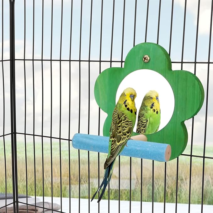 Hypeety Bird Mirror Toy with Perch Cage Standing Accessories Parrot Parakeet Budgies Cockatiel Conure Finch Lovebird African Grey Macaw Amazon Cockatoo Birdcage Wood Perch(Color Random) (Flower Shape)