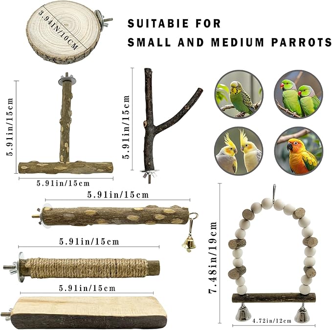 7Pcs Natural Wooden Bird Perch Set – Parrot Perch Toys, Wooden Perch Swing, Cage Accessories for Budgies, Cockatiels, Lovebirds, Finches, and Other Small to Medium Birds