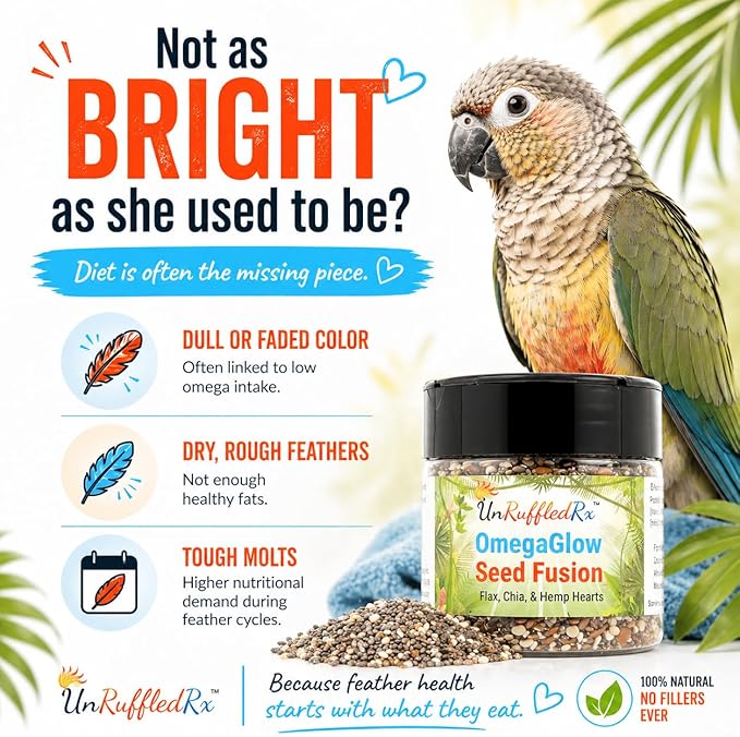 UnRuffledRx™ OmegaGlow for Birds – Raw, Natural Seed Blend for Feather Growth & Molting Support – Skin & Immune Health with Chia, Flax & Hemp Seeds – Helps Reduce Plucking – 2 oz Shaker Jar