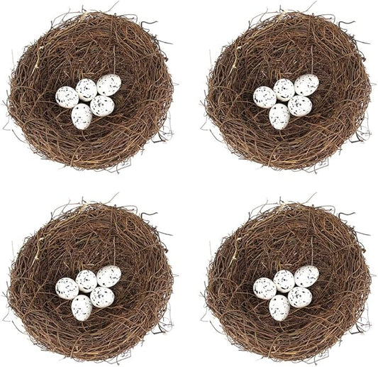 Artificial Birds Nest, 4 Set Handmade Natural Rattan Nest Decor with Foam Eggs for DIY Crafts Garden Yard Home Party Easter Decoration