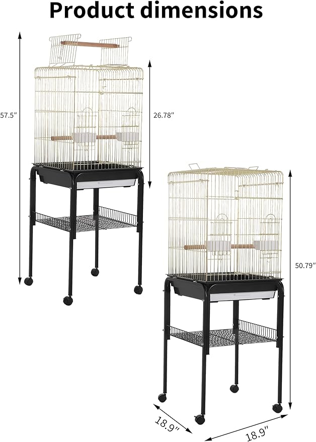 Garvee Bird Cage, 57‘’H Open-Top Durable Bird Cage w/Rolling Stand, Removable Tray, Extra Storage Stand, Brakable Casters,Large Dorr for Access, Indoor& Outdoor Use for Birds
