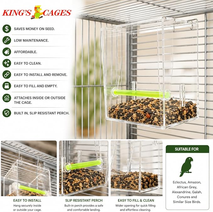 Bonka Bird Toys Large Tweeky Clean Bird Seed Feeder, 7.87" H x 7.75" W x 7.87" D, Durable Plastic with Textured Perch, Ideal for Medium to Large Bird Breeds, Indoor/Outdoor Cage Use