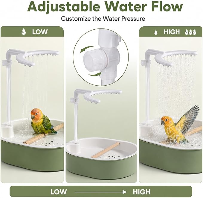 Automatic Bird Bath Shower, USB Pump Adjustable Flow Parrot Parakeet Fountain Wood Perch for Cockatiel Budgie Conure Indoor Cage