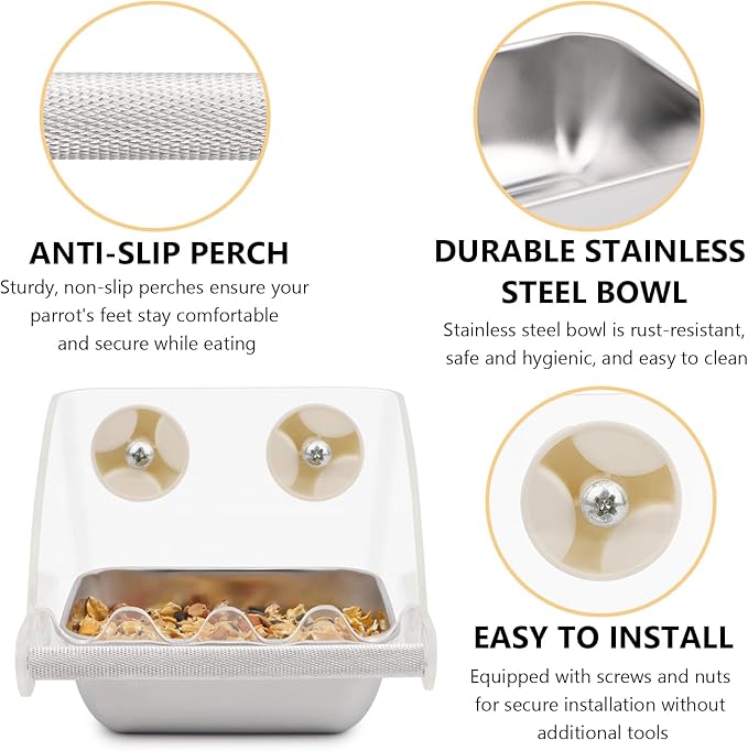 Hypeety Transparent Bird Feeder No Mess Parakeet Feeder for Cage Clear Bird Cage Feeders with Anti-Slip Perch Stainless Steel Food Bowl for Parakeets Parrots Budgies Lovebirds Cockatiels Conures