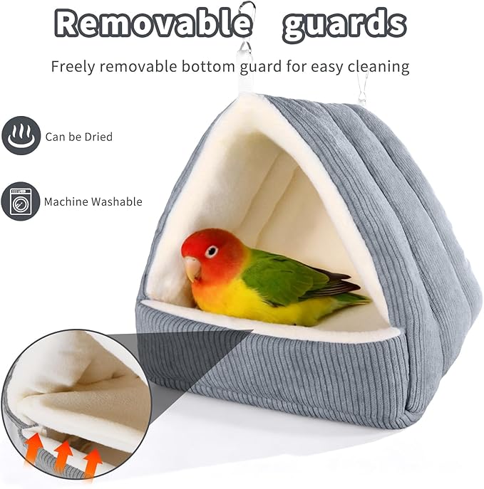 Medium Winter Warm Bird House and Bird Bed for Cage with Soft Plush Hanging Hammock & Hut Tent, Hideaway Sleeping Nest for Budgies, Parakeets, Cockatiels (Grey, M)