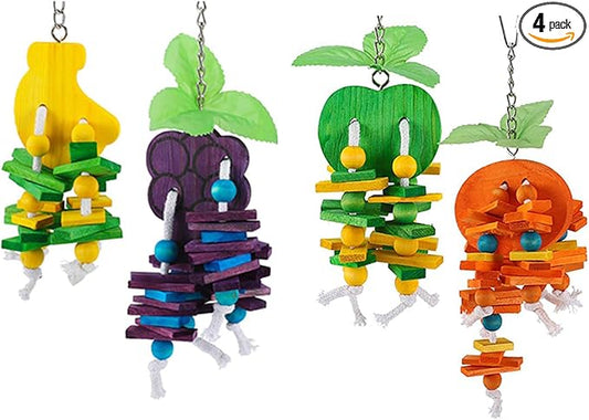Hamiledyi Natural Wood Block Bird Cage Toys Parrot Chewing Toy Orange&Apple& Banana&Grapes Shaped Hanging Foraging Toy for Small&Medium Birds Parakeets Cockatiels,4pcs