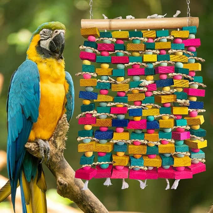 Extra Large Bird Toys for Macaws, Multicolored Wooden Blocks Bird Chewing Toy Parrot Cage Bite Toy for Macaws Cokatoos African Grey and Large Medium Parrot Birds