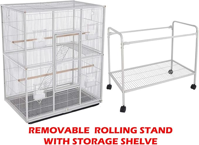 64" Extra Large Double Flight Bird Breeding Cage with Slide Out Center Divider Breeding Door Rolling Stand for Cockatiel Conure Lovebird Aviaries Budgies Canaries Finches Parakeets