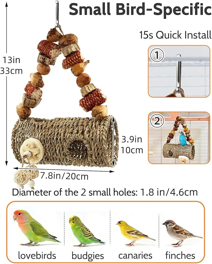 Bird Nest for Cage with Natural Chewing Toys, Hanging Bird Tunnel Bed with Sturdy Metal Frame & Handwoven Breathable Seagrass, Small Parakeet Bed for Lovebird, Canary, Budgie Rest & Chew & Play