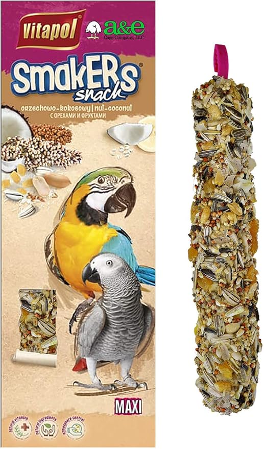 Vitapol Smakers by A&E Cage Co Maxi Nut & Coconut Treat Sticks for Parrots – Twin Pack Large Bird Treat Sticks – Hanging Snack with Real Nuts & Coconut for Amazons, African Greys & Mid-Large Parrots