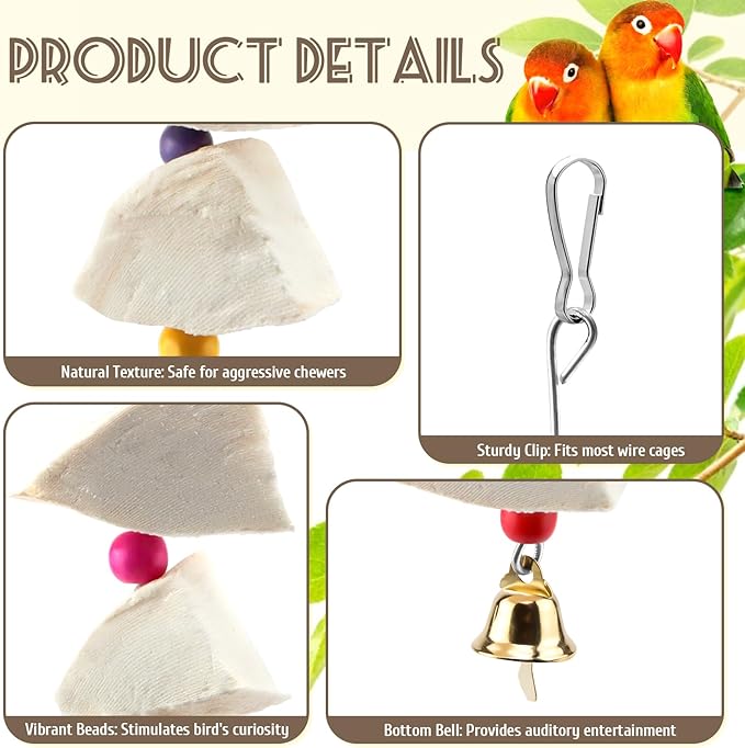 2 Pack Bird Cuttlebone Chew Toys, Natural Cuttlefish Bone for Birds Beak Grinding & Calcium Supplement, Hanging Cage Accessories for Small Medium Birds (2, Chunky Blocks)