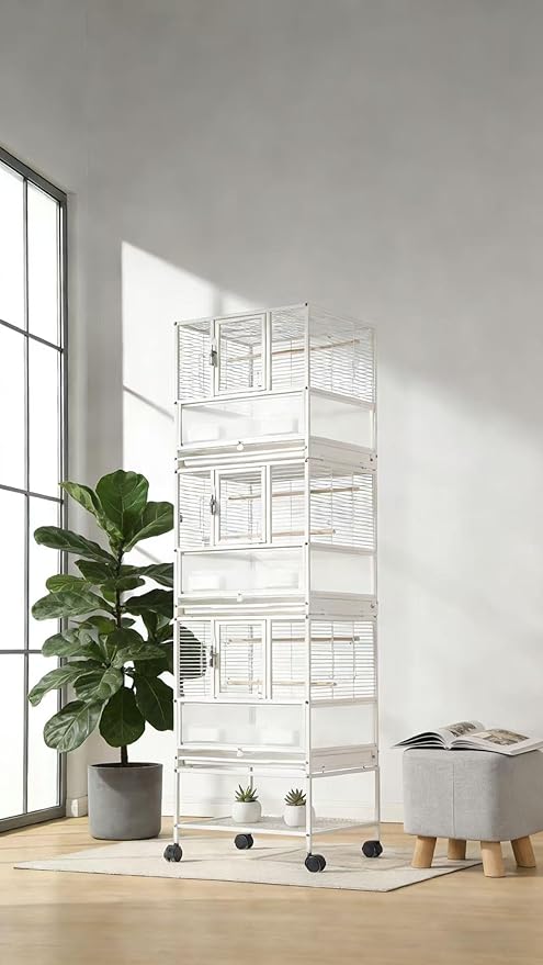 Stackable Breeding Bird Cage with Splash-Proof Baffle, Rolling Stand with Wheels, for Aviaries, Canaries, Cockatiels, Lovebirds, Finches, Budgies, Small Parrots, White. (3F)