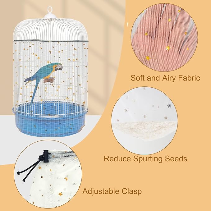 Bird Cage Seed Catcher, 45-90'' Adjustable Bird Cage Cover, Universal Nylon Bird Cage Mesh Net, Bird Cage Skirt Guard Accessories for Parrot Parakeet Macaw Round Square Cage (White)