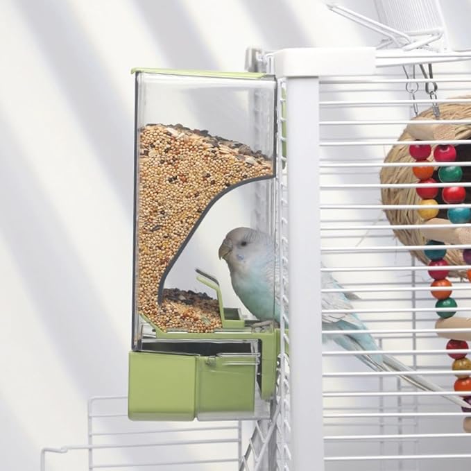 Automatic Bird Feeder, Bird Cage Feeder with Perch for Parakeet Canary Cockatiel Finch (Pink)