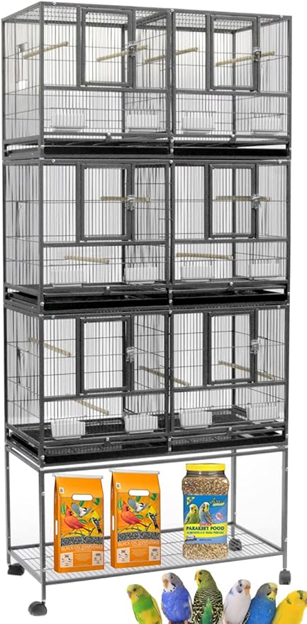 Sturdy Wrought Iron Triple Stack Combo Breeding Stacker Center Divided Breeder Bird Flight Double Rolling Cage with Side Breeding Nest Doors with Rolling Stand Storage Shelf