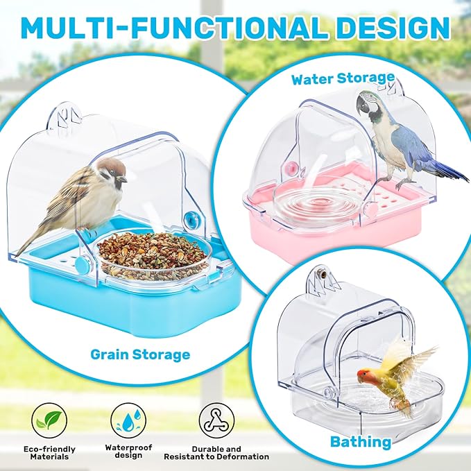 Multifunctional 3-in-1 Hanging Bath Feeding Bowl with Easy Clean Drawer Design for Parrots, Couples, Budgerigars Cage Accessories (Blue)