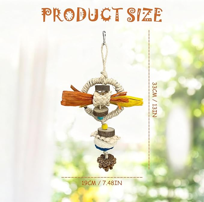 Parakeet Toys, Natural Hanging Bird Chewing & Foraging Toy with Corn Foliage and Seagrass, Beak-Safe Chewer for Conures, Cockatiels, Senegal Parrot and Small to Moderate-Sized Birds