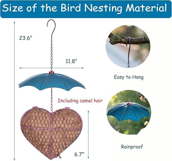 Camel Wool Handmade Alpaca Fiber Bird Nesting Heart - Refillable Material Holder for Wild Birds and Hummingbirds - Garden Art & Winter Shelter for Bird Lovers