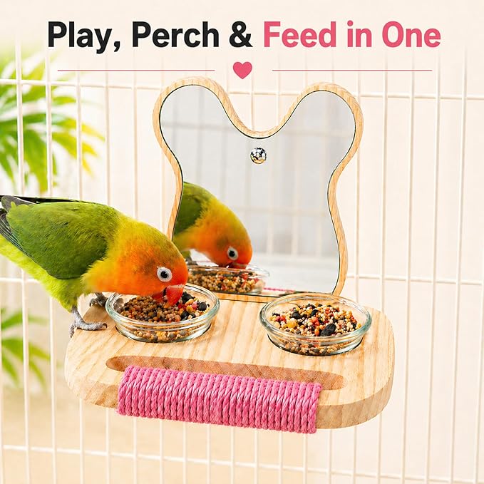 Bird Mirror with Perch and Feeder, Wooden Birds Toys Bird Cage Accessories for Parrots to Expend Energy, Interactive Toys for Greys Amazons Parakeet Cockatiel Conure Lovebirds Finch Canaries