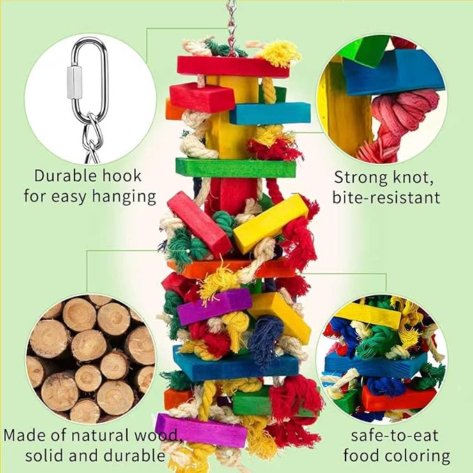 Parrot Toys for Large Birds, Natural Wood Multicolor Durable Chew Toys for Macaws, African Grey & Amazon Parrots, Ideal Pet Gift