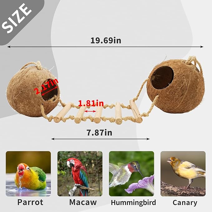 Tfwadmx Natural Coconut Hide with Ladder Perches Hanging Bird House Toy for Cage Parrot Breeding Nest for Gecko Parakeet Lovebird Finch Hamster